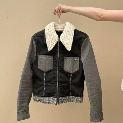 Vintage denim two tone jacket with knit collar