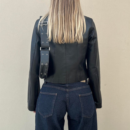 Vintage 00s collarless leather jacket