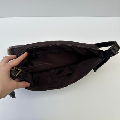 Brown faux fur & faux leather shoulder bag