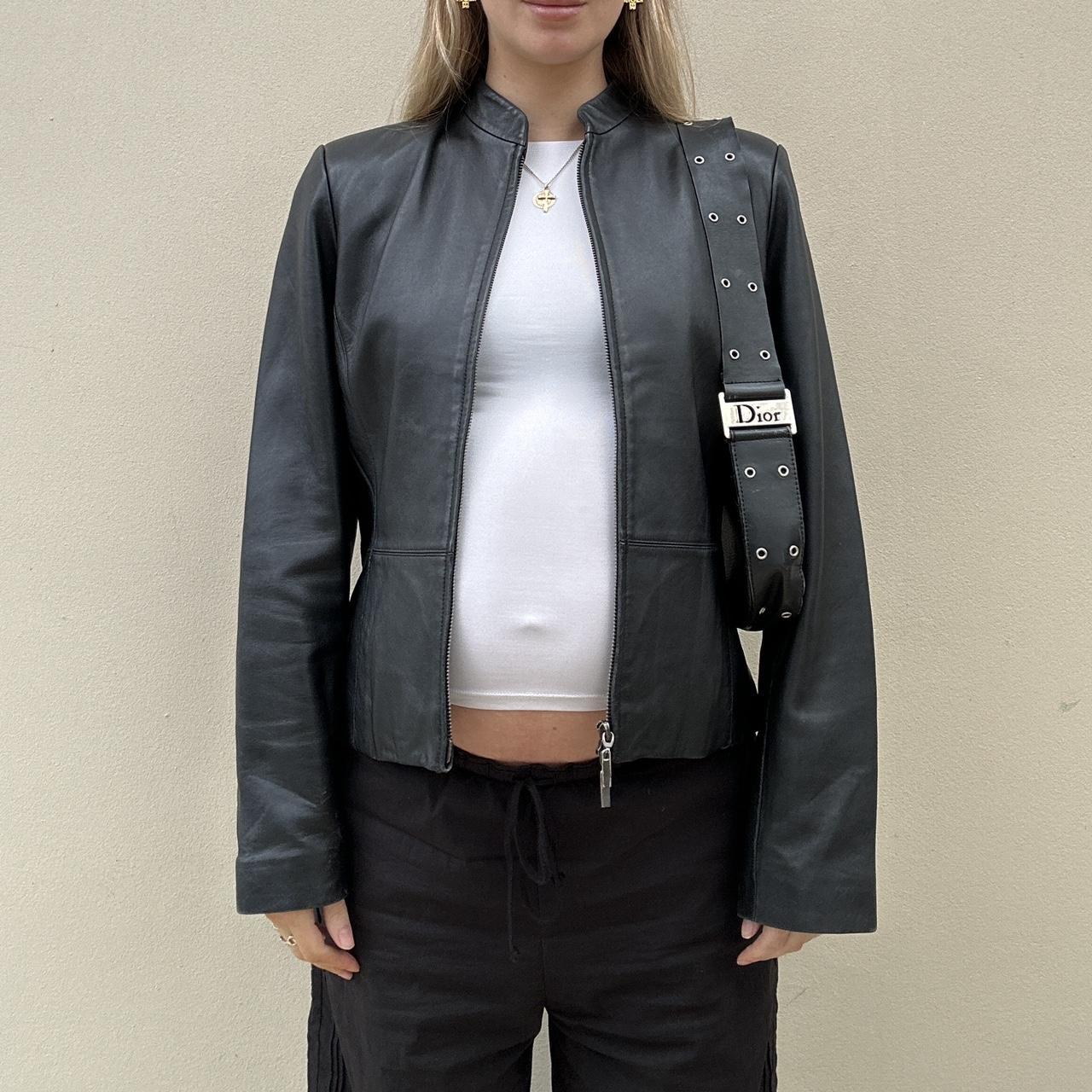 90s Black leather jacket with double zipper