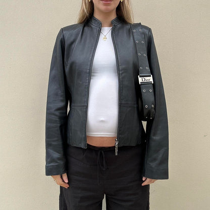 90s Black leather jacket with double zipper