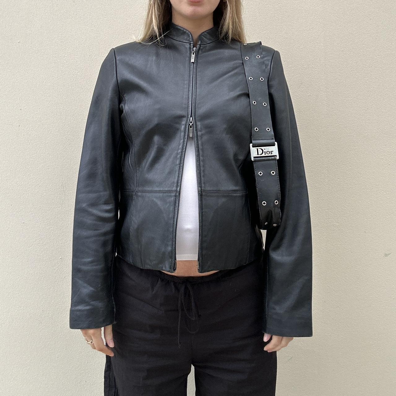 90s Black leather jacket with double zipper