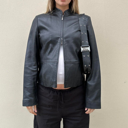 90s Black leather jacket with double zipper