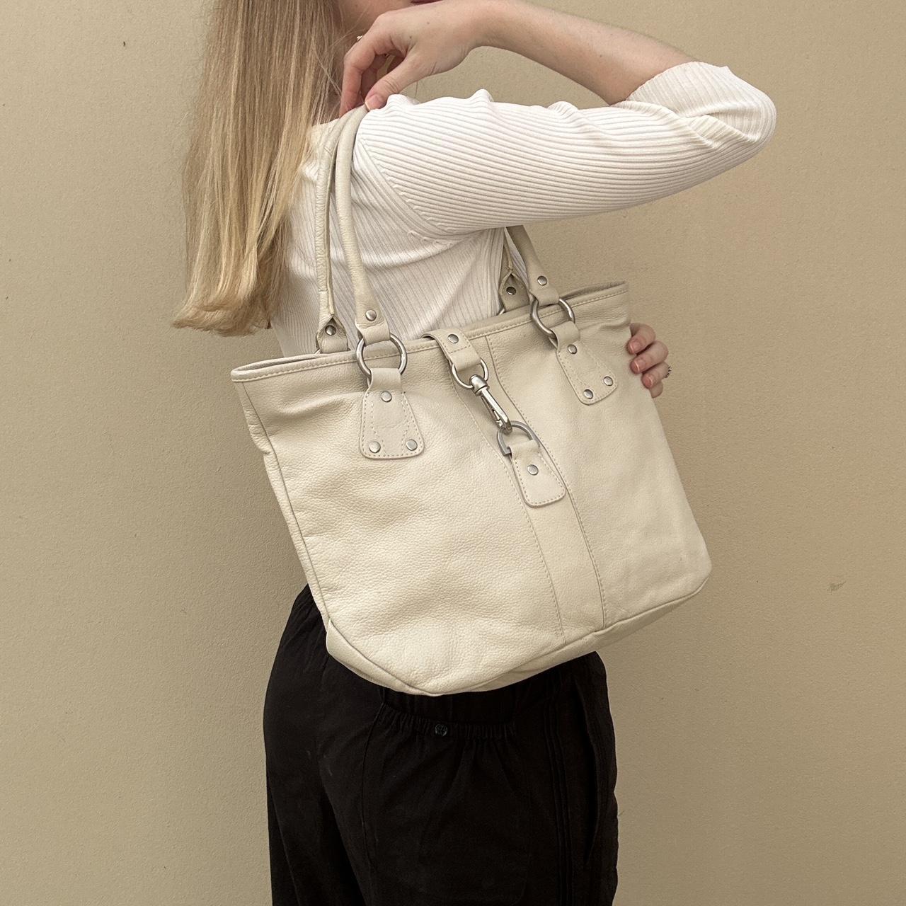 Cream leather tote bag with silver hardware