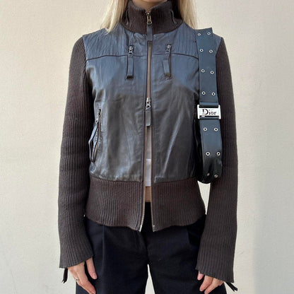 Vintage 00s leather & knit jumper jacket