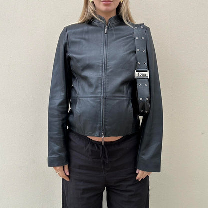90s Black leather jacket with double zipper