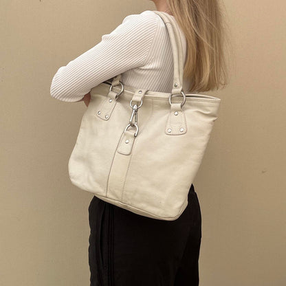 Cream leather tote bag with silver hardware