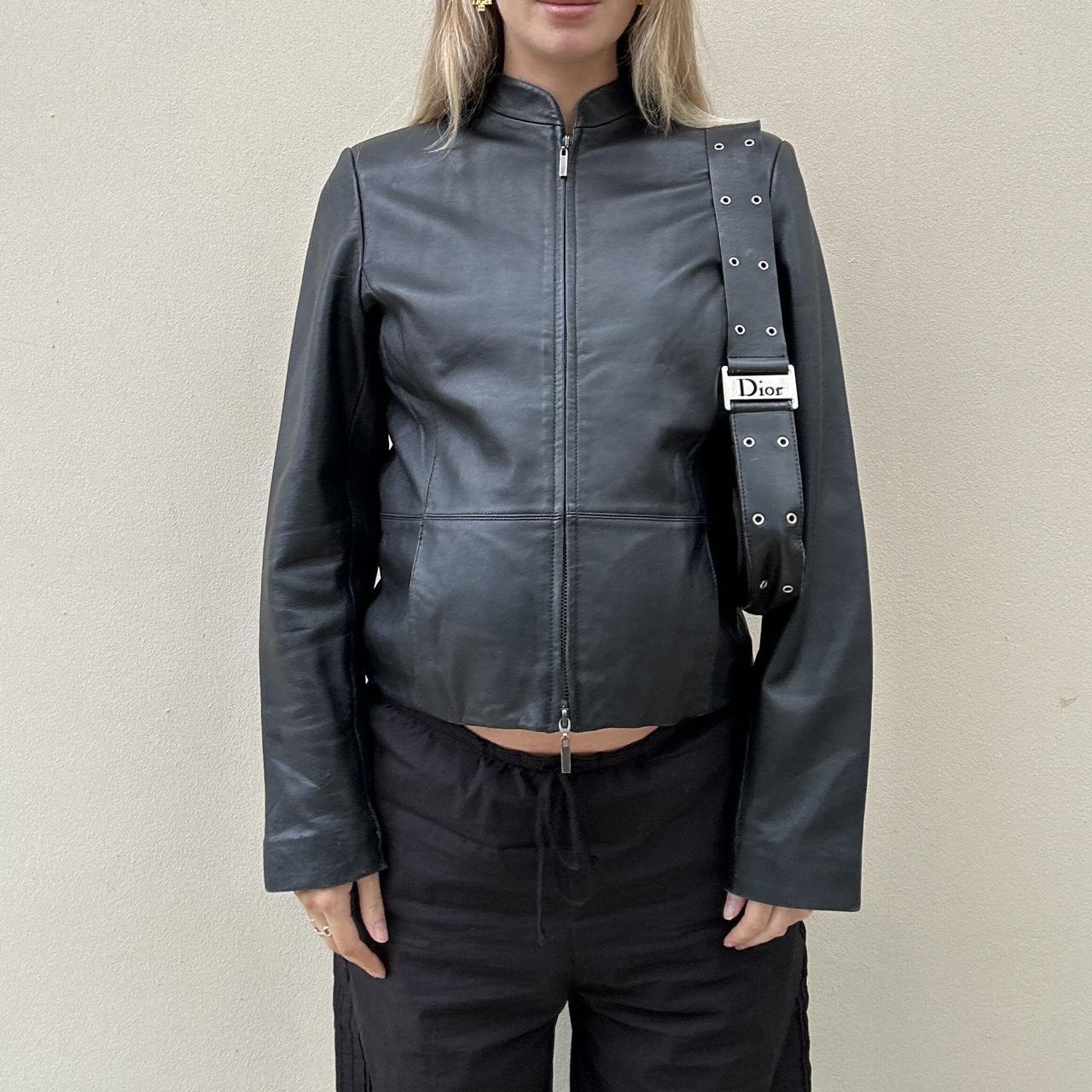 90s Black leather jacket with double zipper
