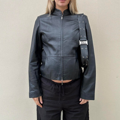 90s Black leather jacket with double zipper