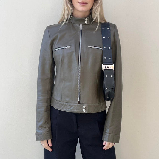 Vintage 00s khaki leather biker jacket