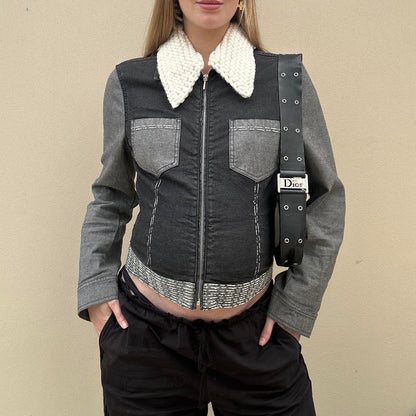 Vintage denim two tone jacket with knit collar