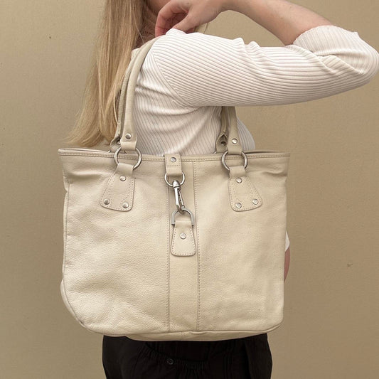 Cream leather tote bag with silver hardware