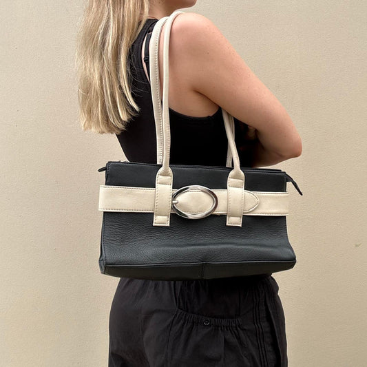 Black and cream leather shoulder bag