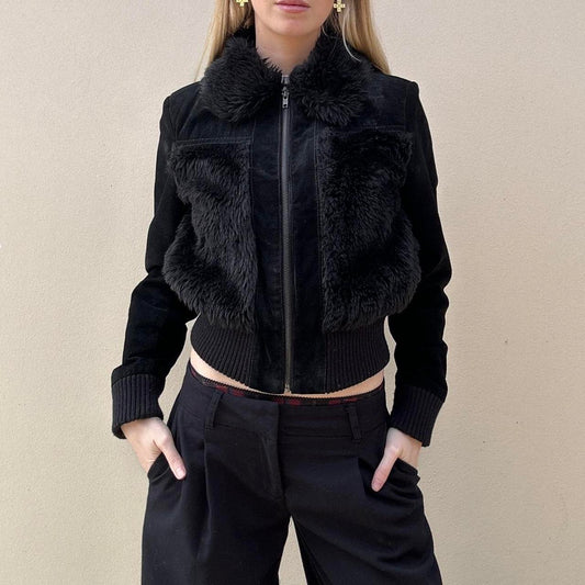 Vintage 00s suede & faux fur bomber jacket