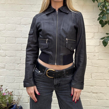 Vintage 00s black leather bomber jacket