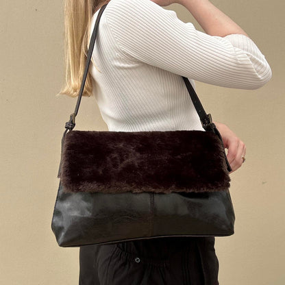 Brown faux fur & faux leather shoulder bag
